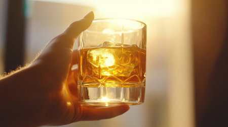 A hand holding a glass of golden bourbon, with sunlight reflecting through the liquidの素材