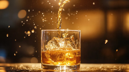 An artistic bourbon pour with golden liquid cascading into a glass, frozen mid-motionの素材