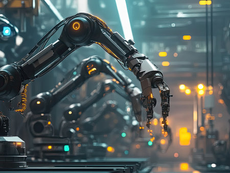 Futuristic industry with robotic arms and AI-driven systems performing complex tasks with precisionの素材