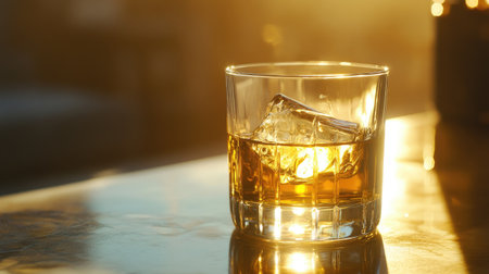 A glass of golden bourbon whiskey, glowing as sunlight passes through the liquidの素材