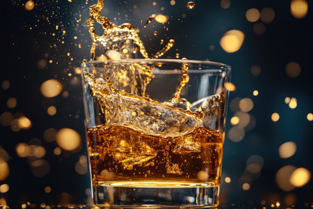 A glass of bourbon with golden splashes caught mid-air as the drink is pouredの素材