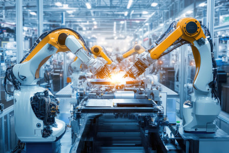 A high-tech industry plant featuring autonomous robots and AI systems driving production innovationの素材
