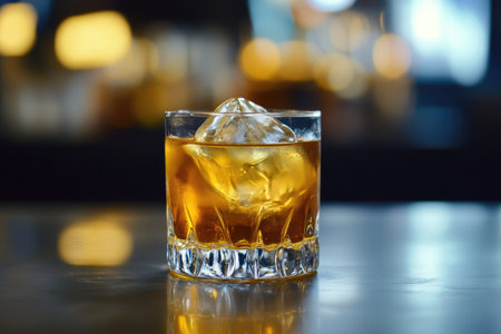A golden bourbon cocktail with a large ice cube, creating soft ripples in the drinkの素材