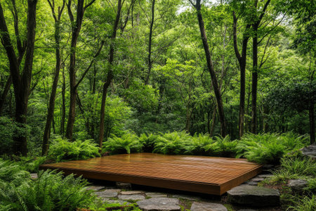 A serene outdoor forest meditation area with a wooden platform surrounded by ferns and treesの素材