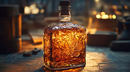A handcrafted bourbon bottle with intricate detailing, with the golden liquid glowing insideの素材