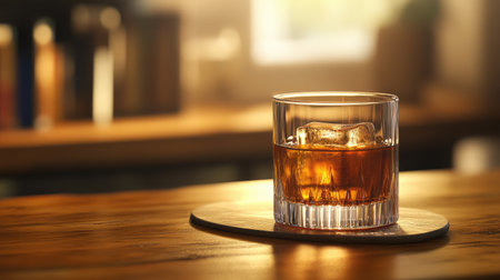Bourbon whiskey with a deep golden hue, served neat in a traditional glassの素材