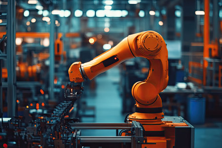 AI-controlled machinery optimizing production in a modern industrial facilityの素材