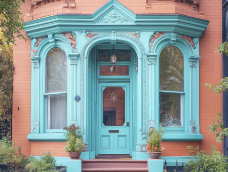 Ornate light blue window frames and door trims on a Victorian-style houseの素材