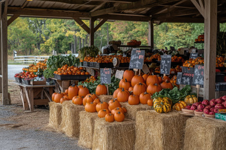 A rustic fall pumpkin display at a local market, with vibrant orange pumpkins and hay balesの素材