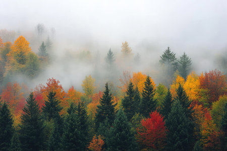A misty fall morning in a forest, with fog hovering over colorful autumn treesの素材