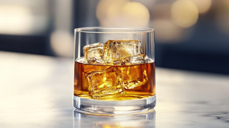 Golden bourbon drizzled with maple syrup over a smooth block of ice in a glassの素材