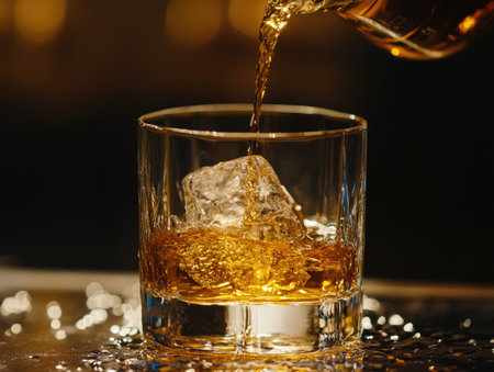 Golden bourbon being poured over a single large ice cube, creating smooth ripples in the glassの素材