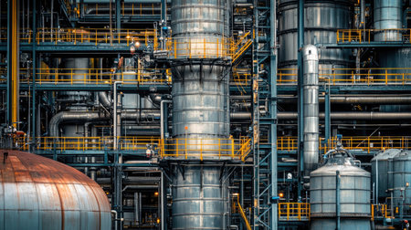 Chemical industry infrastructure with large tanks and piping systems, showing an industrial complex at workの素材