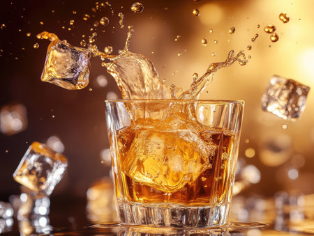 Splashes of golden bourbon as it's poured into a crystal glass, with ice cubes in motionの素材
