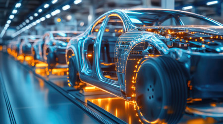 The automotive industry showcasing the latest in electric vehicle production and automationの素材