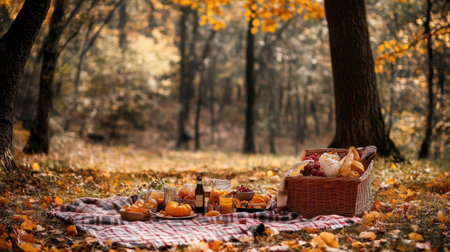 A fall picnic in the woods with seasonal foods and cozy blankets, set under the autumn treesの素材