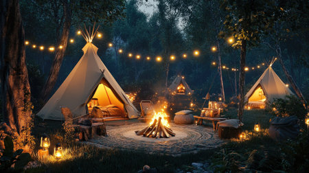 A luxurious outdoor glamping site with cozy tents, soft lighting, and a campfire under the starsの素材