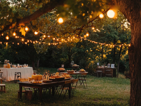 An outdoor party at sunset, with string lights hanging from trees, cozy seating, and a buffet tableの素材