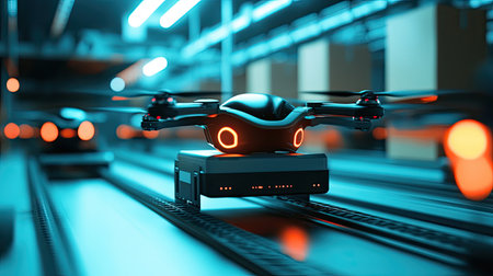 Automation technology in logistics, with drones and robots delivering packages efficientlyの素材