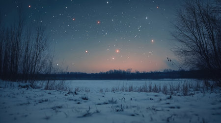 Astrophotography during the winter season, with stars and planets visible over a snow-covered fieldの素材
