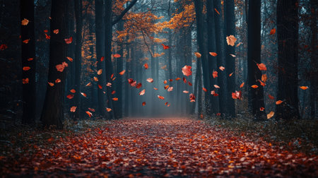 Autumn season forest trail with vibrant red and orange leaves falling from the treesの素材