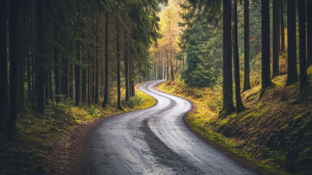 An outdoor travel adventure on a winding road through a forest, with tall trees lining the pathの素材