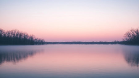 Outdoor photography at dawn, capturing the soft glow of the sunrise over a peaceful lakeの素材