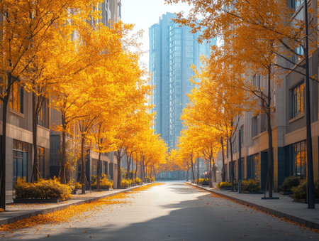 Fall urban architecture with modern buildings and golden trees lining the streets, creating a serene atmosphereの素材