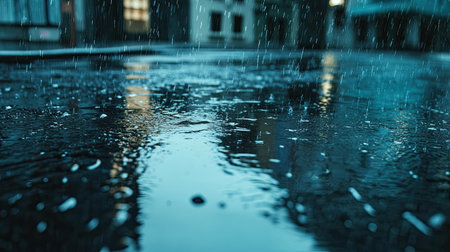 Rainy season cityscape, with raindrops glistening on the pavement and reflections in the waterの素材