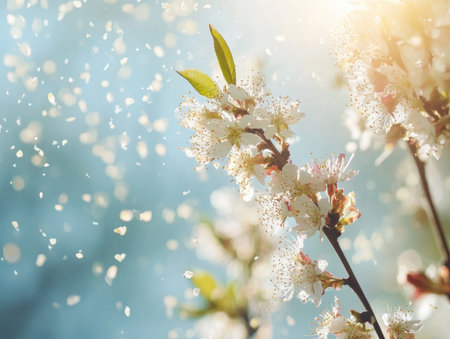 Allergy season in spring, with flowers blooming and pollen floating in the airの素材