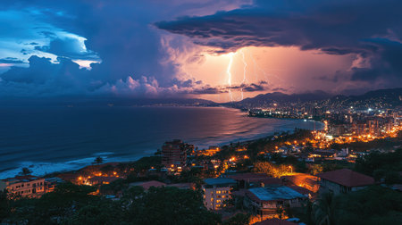 Extreme weather during the rainy season, with lightning illuminating the sky over a coastal cityの素材