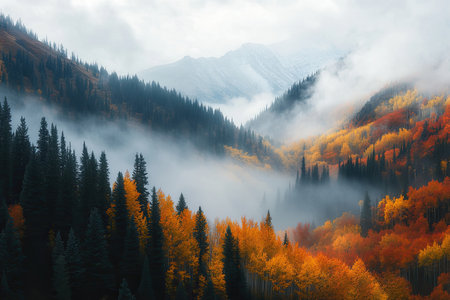 A misty fall morning in the mountains, with fog rolling through a valley of autumn-colored treesの素材