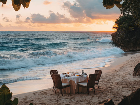 Outdoor dining on a remote beach, with a full-course meal served beside the crashing wavesの素材
