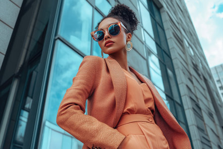 A confident fashion model posing against a sleek urban backdrop, wearing the latest designer collectionの素材