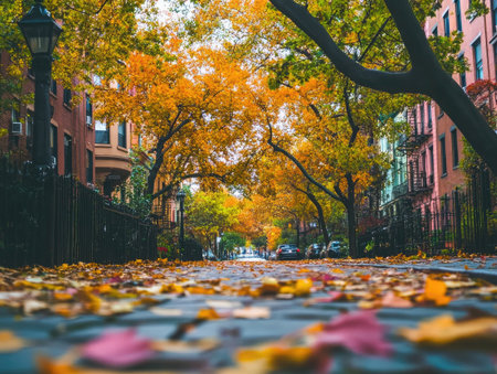 Urban architecture framed by fall trees, with vibrant leaves scattered across the sidewalkの素材