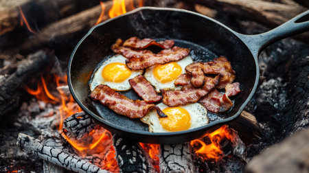 Outdoor cooking at a campsite, with a cast iron skillet over a fire, sizzling bacon and eggsの素材