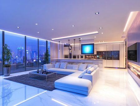 Smart technology gadgets controlling lighting, security, and entertainment in a modern homeの素材