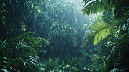 Rainy season hike through a tropical jungle, with heavy rainfall soaking the vibrant greeneryの素材