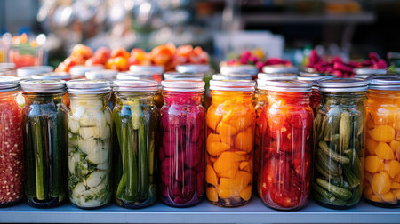 A colorful assortment of pickled vegetables in glass jars, with bright reds, oranges, and greens preserved in vinegarの素材
