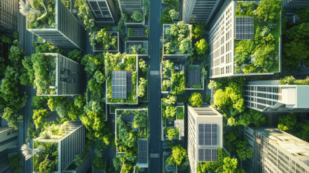 Green technology solutions in a city, with solar panels, wind turbines, and eco-friendly buildingsの素材