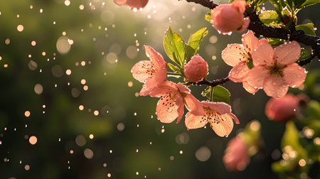 Spring season rain shower, with droplets falling on blossoming flowers in a gardenの素材