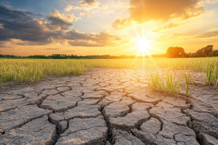Dry season landscape with cracked earth, parched fields, and golden grasses under a blazing sunの素材
