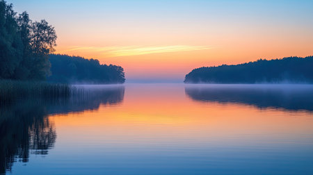 Outdoor photography at dawn, capturing the soft glow of the sunrise over a peaceful lakeの素材
