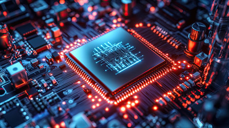 Quantum technology processors working in a high-tech lab, with quantum bits visualized in real-timeの素材