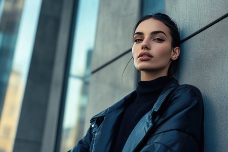 A confident fashion model posing against a sleek urban backdrop, wearing the latest designer collectionの素材