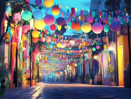 A festival decoration scene with vibrant banners, balloons, and colorful streamers lining the streets and venuesの素材