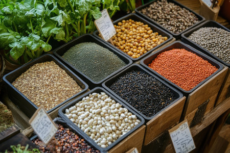 A collection of heritage vegetable seeds, featuring rare and unique varieties, laid out in a garden shop displayの素材