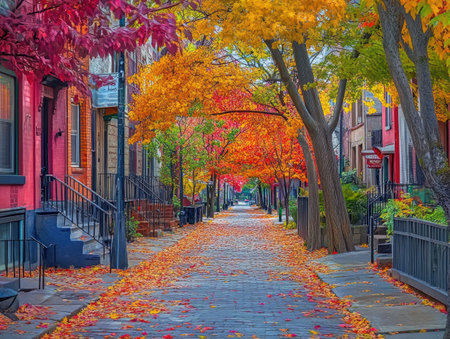 Urban architecture framed by fall trees, with vibrant leaves scattered across the sidewalkの素材