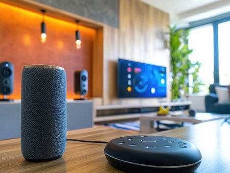 Smart technology home setup, with voice-controlled devices, smart lights, and home automationの素材