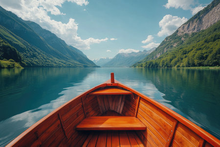 Summer season boat ride on a crystal-clear lake surrounded by mountainsの素材